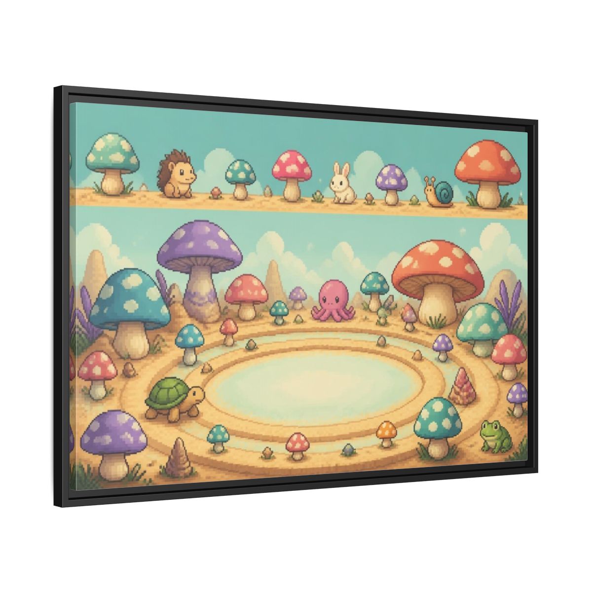 Side Mockup 13. Kids Mushroom Meadow shown as framed canvas print