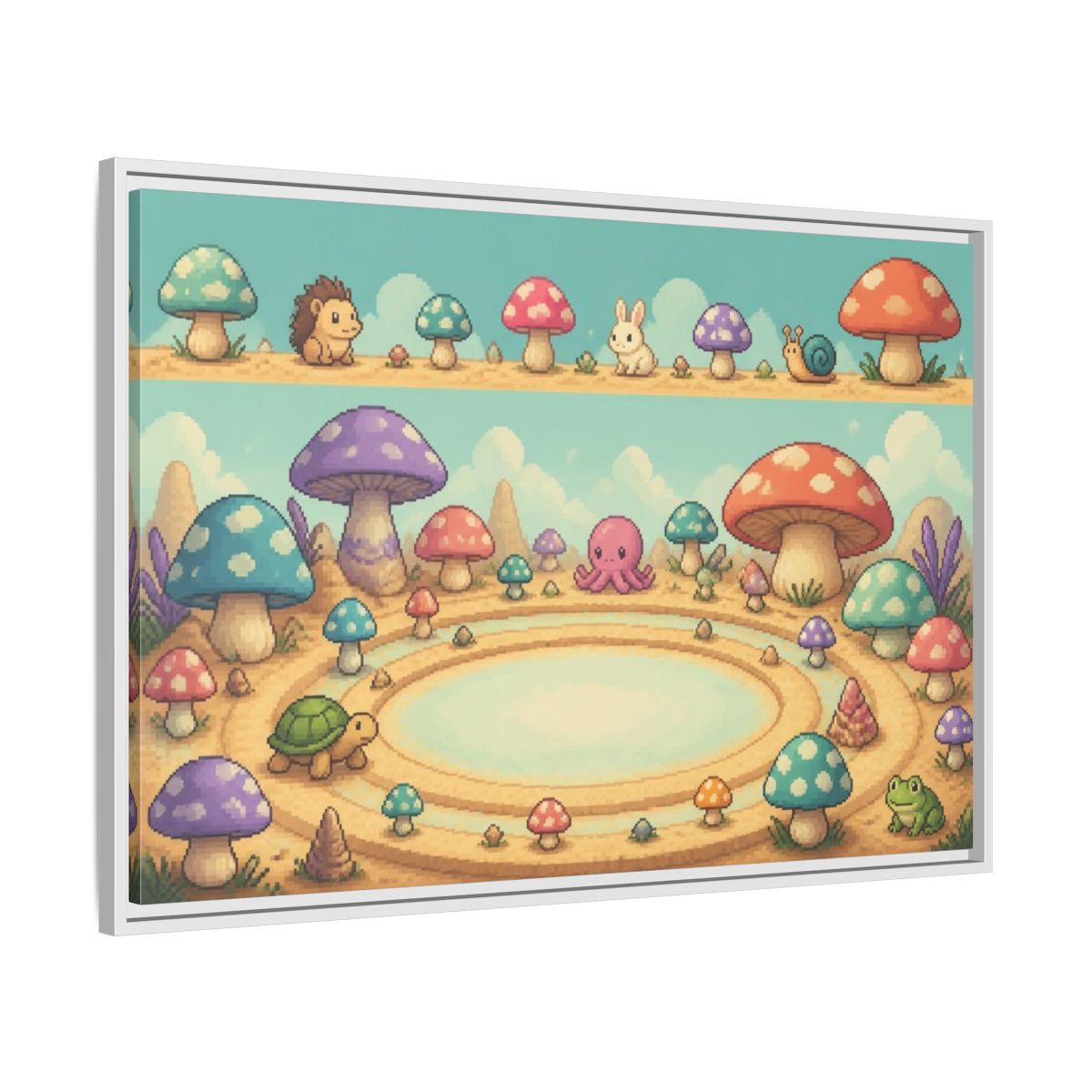 Side Mockup 9. Kids Mushroom Meadow shown as framed canvas print
