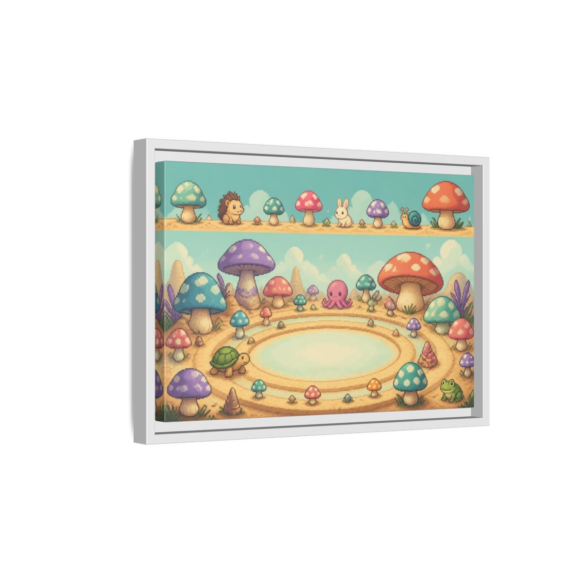 Side Mockup 4. Kids Mushroom Meadow shown as framed canvas print