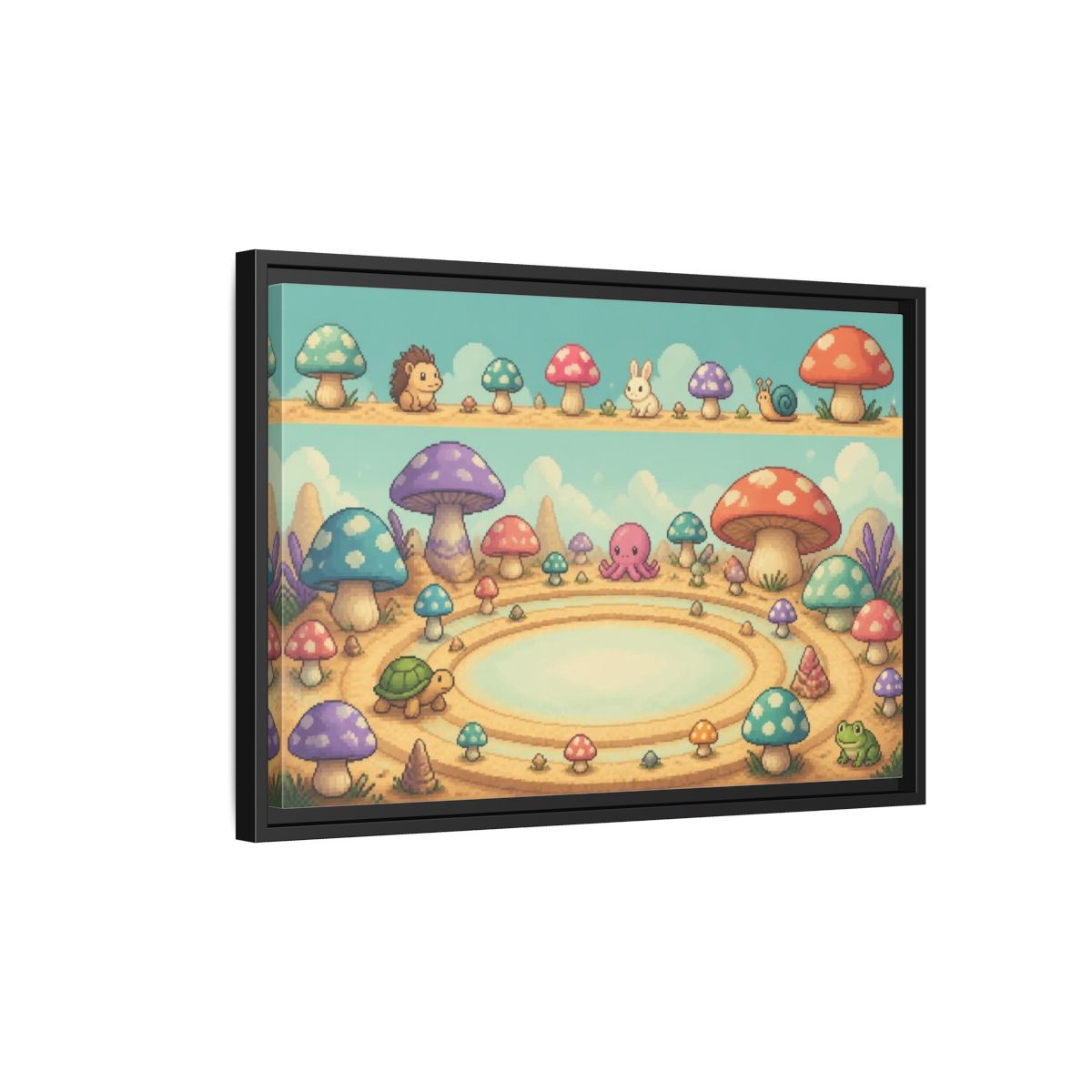 Side Mockup 3. Kids Mushroom Meadow shown as framed canvas print