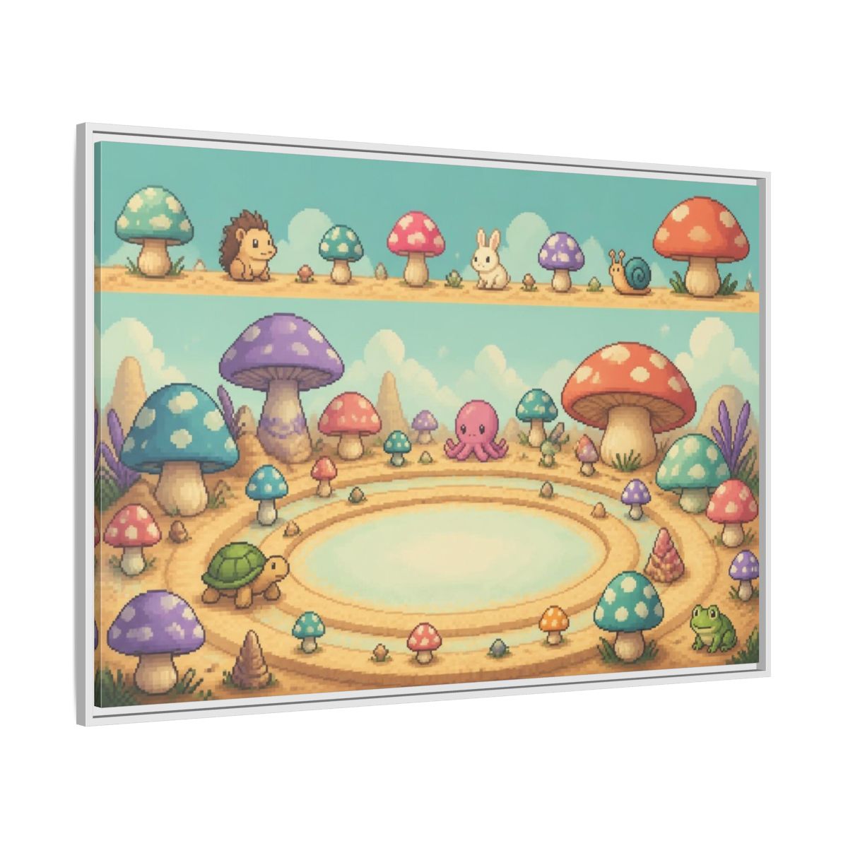 Side Mockup 7. Kids Mushroom Meadow shown as framed canvas print