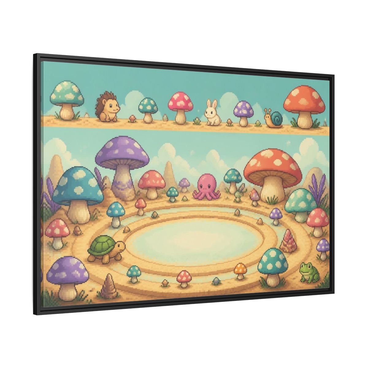 Side Mockup 12. Kids Mushroom Meadow shown as framed canvas print