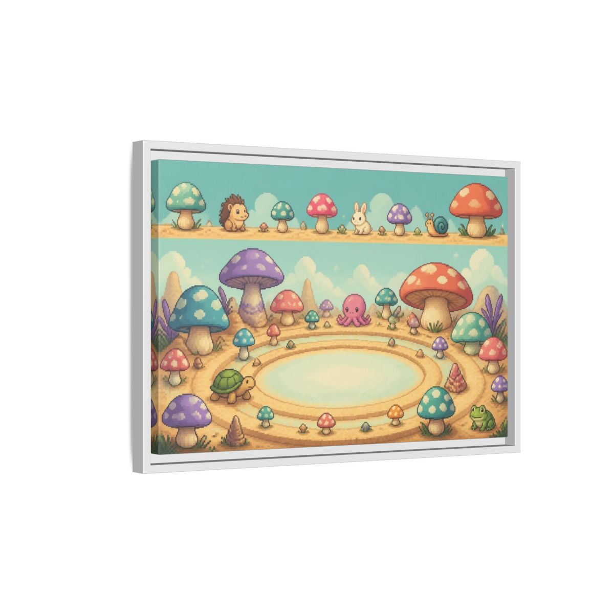 Side Mockup 1. Kids Mushroom Meadow shown as framed canvas print