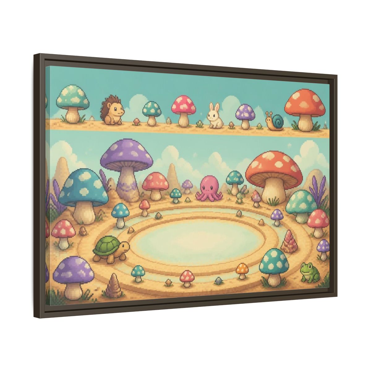 Side Mockup 11. Kids Mushroom Meadow shown as framed canvas print
