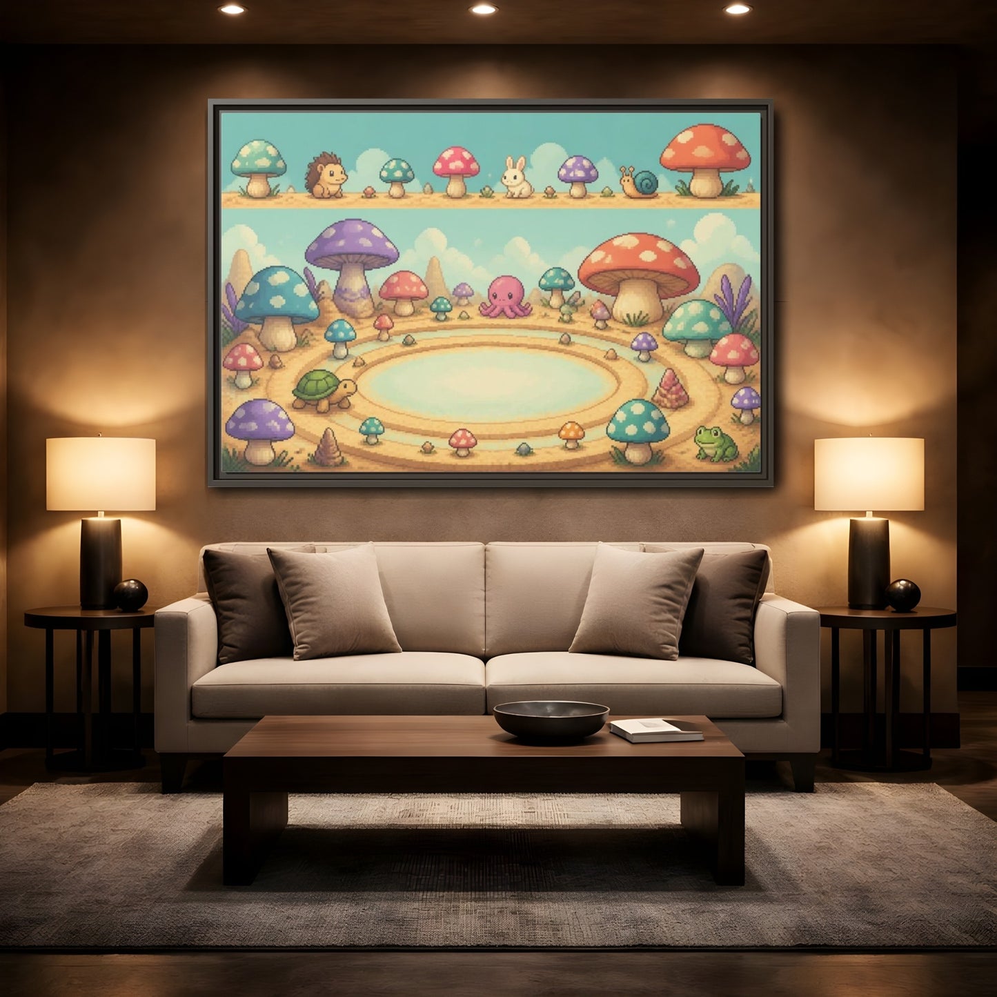 Mockup 2. Kids Mushroom Meadow shown as framed canvas print