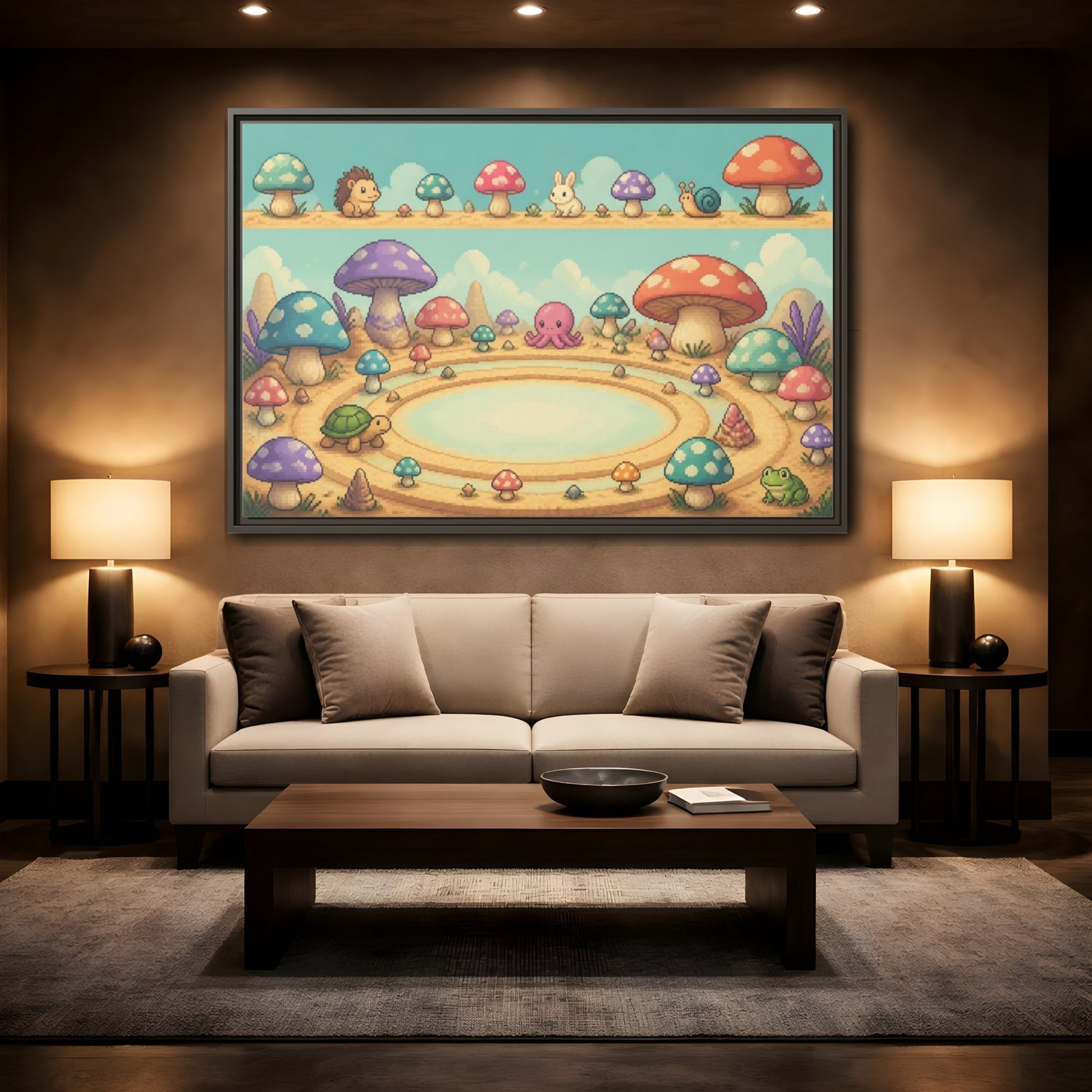 Mockup 2. Kids Mushroom Meadow shown as framed canvas print