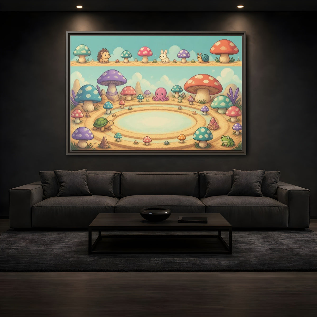 Mockup 3. Kids Mushroom Meadow shown as framed canvas print
