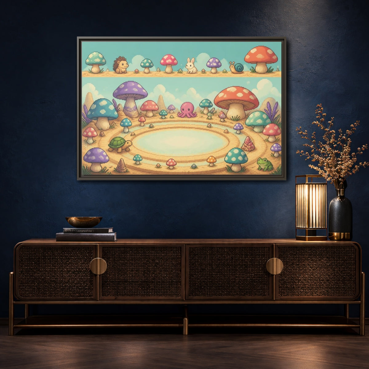 Mockup 4. Kids Mushroom Meadow shown as framed canvas print
