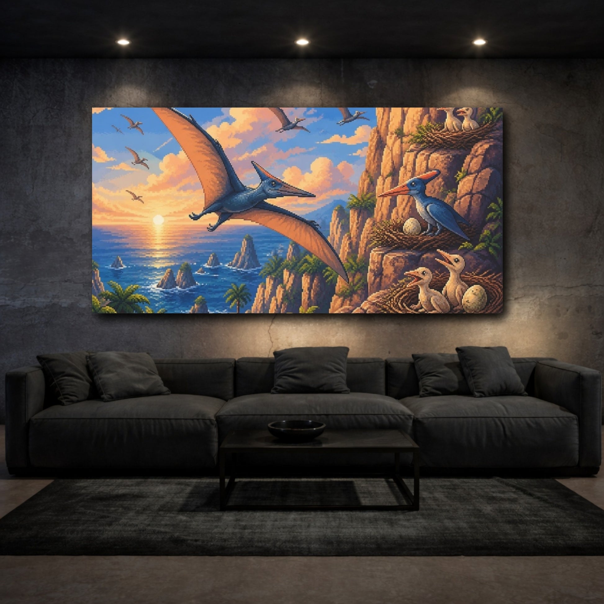 Mockup 3. Kids Pterosaur Sunset shown as canvas print