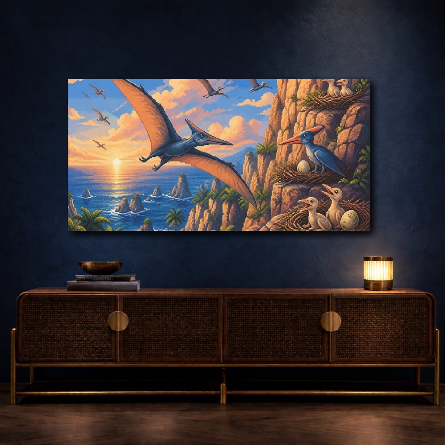 Mockup 4. Kids Pterosaur Sunset shown as canvas print