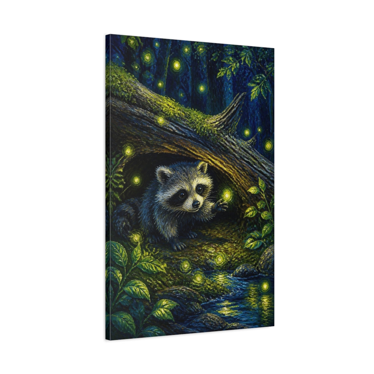 Main Mockup. Kids Raccoon With Fireflies shown as canvas print
