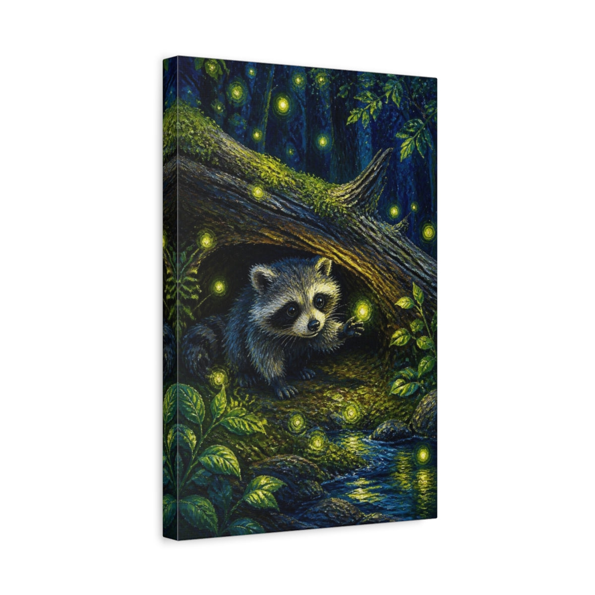 Side Mockup 4. Kids Raccoon With Fireflies shown as canvas print