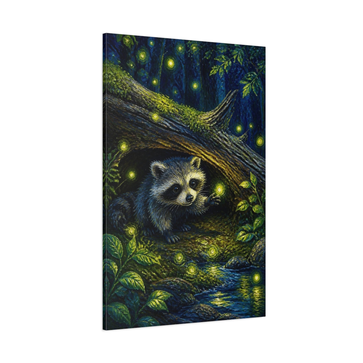 Side Mockup 1. Kids Raccoon With Fireflies shown as canvas print