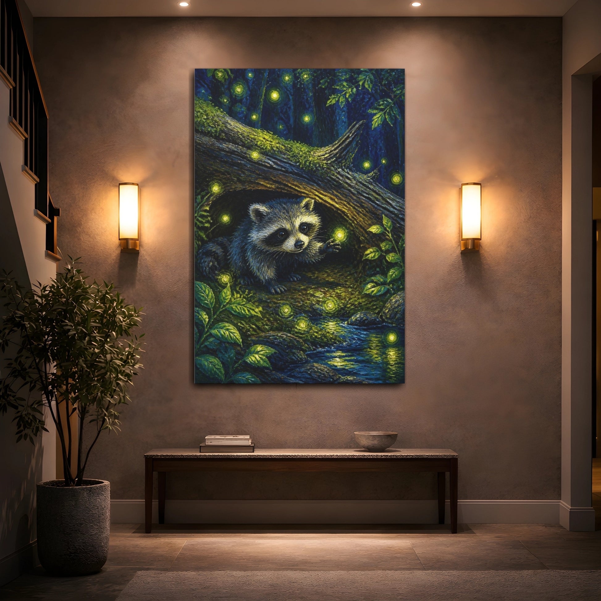Mockup 2. Kids Raccoon With Fireflies shown as canvas print