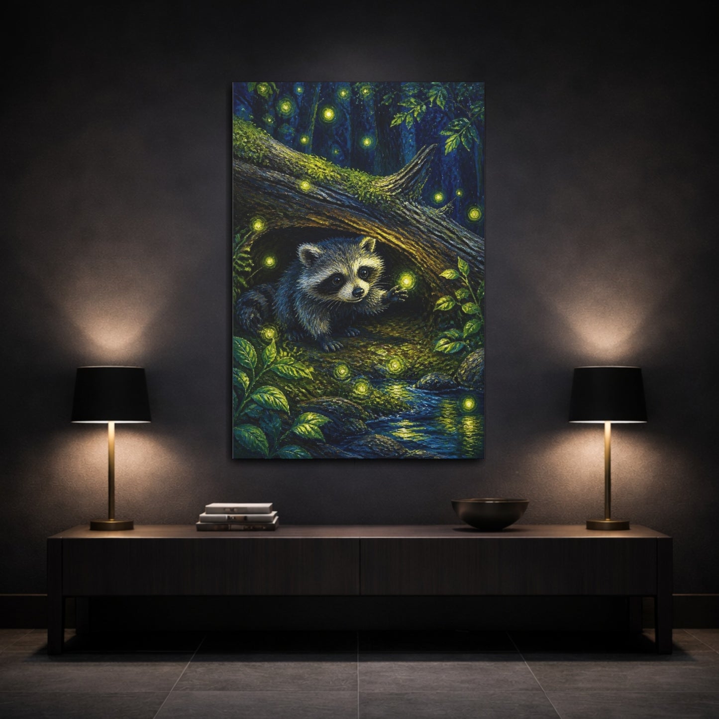 Mockup 3. Kids Raccoon With Fireflies shown as canvas print