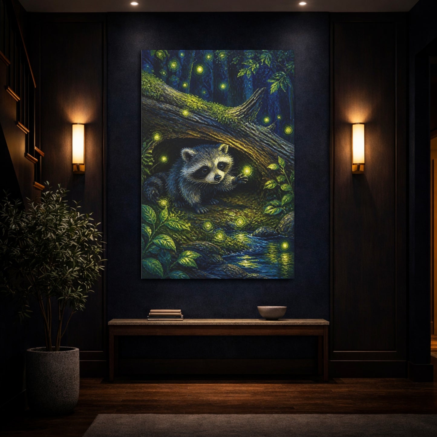 Mockup 4. Kids Raccoon With Fireflies shown as canvas print
