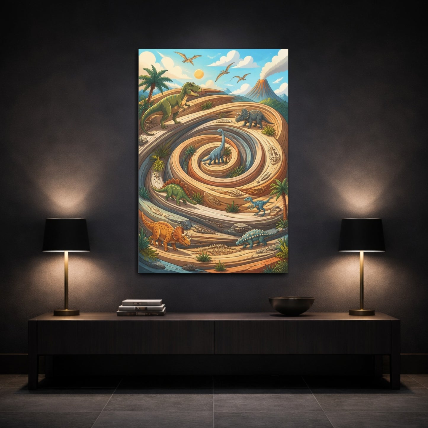 Mockup 3. Kids Room Dinosaur Spiral shown as canvas print