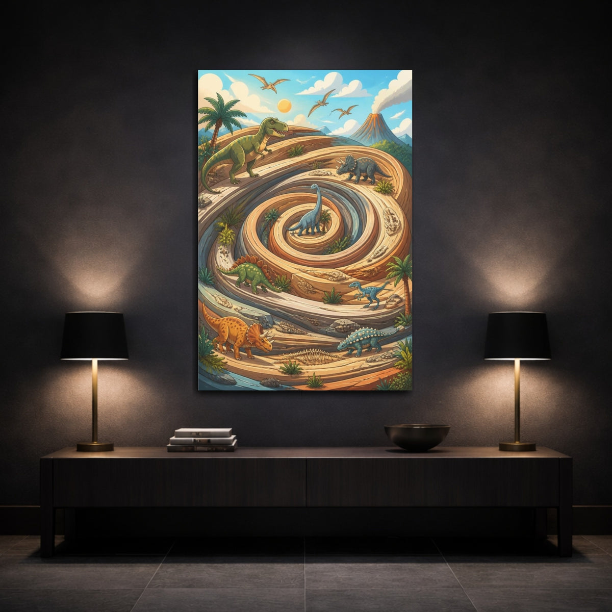 Mockup 3. Kids Room Dinosaur Spiral shown as canvas print