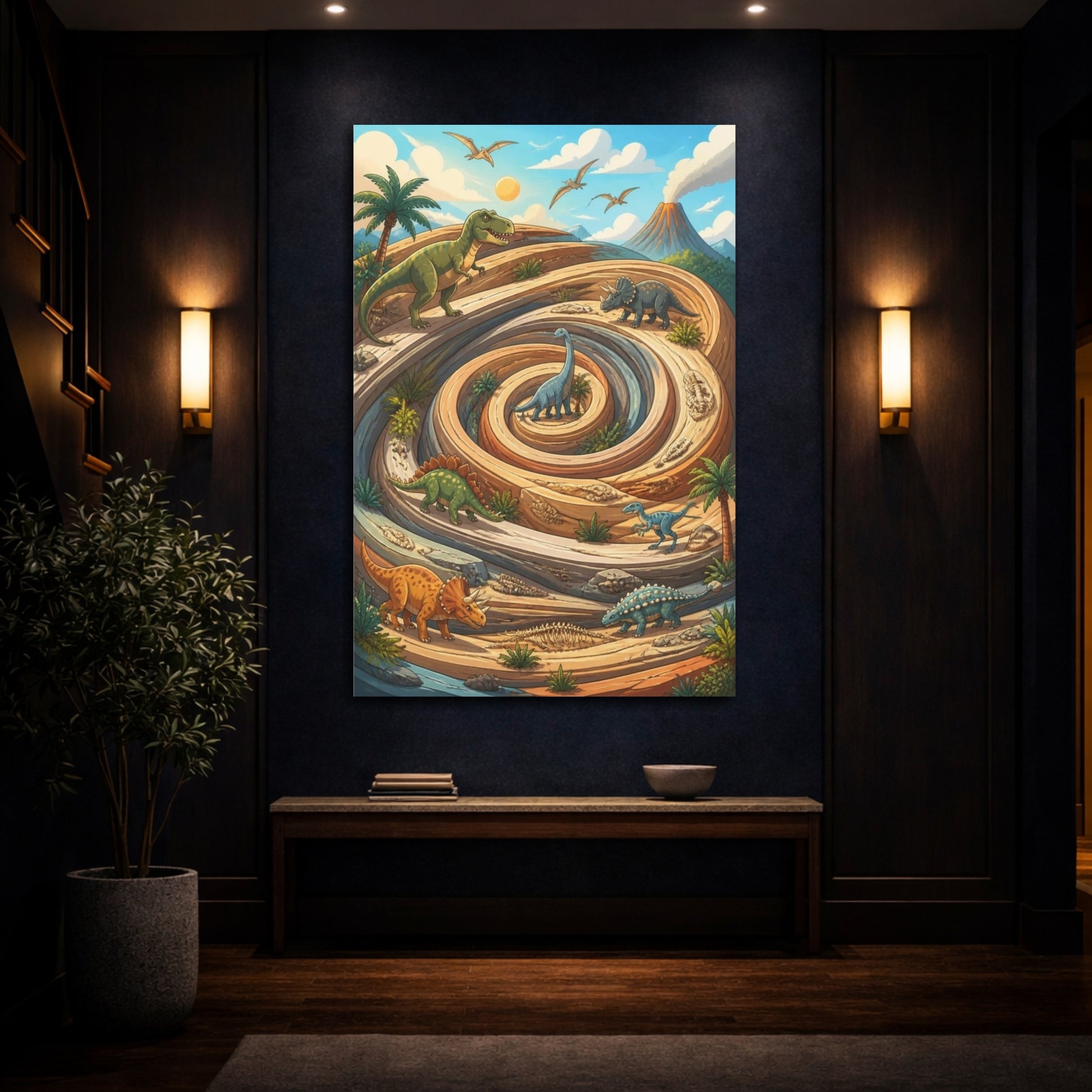 Mockup 4. Kids Room Dinosaur Spiral shown as canvas print