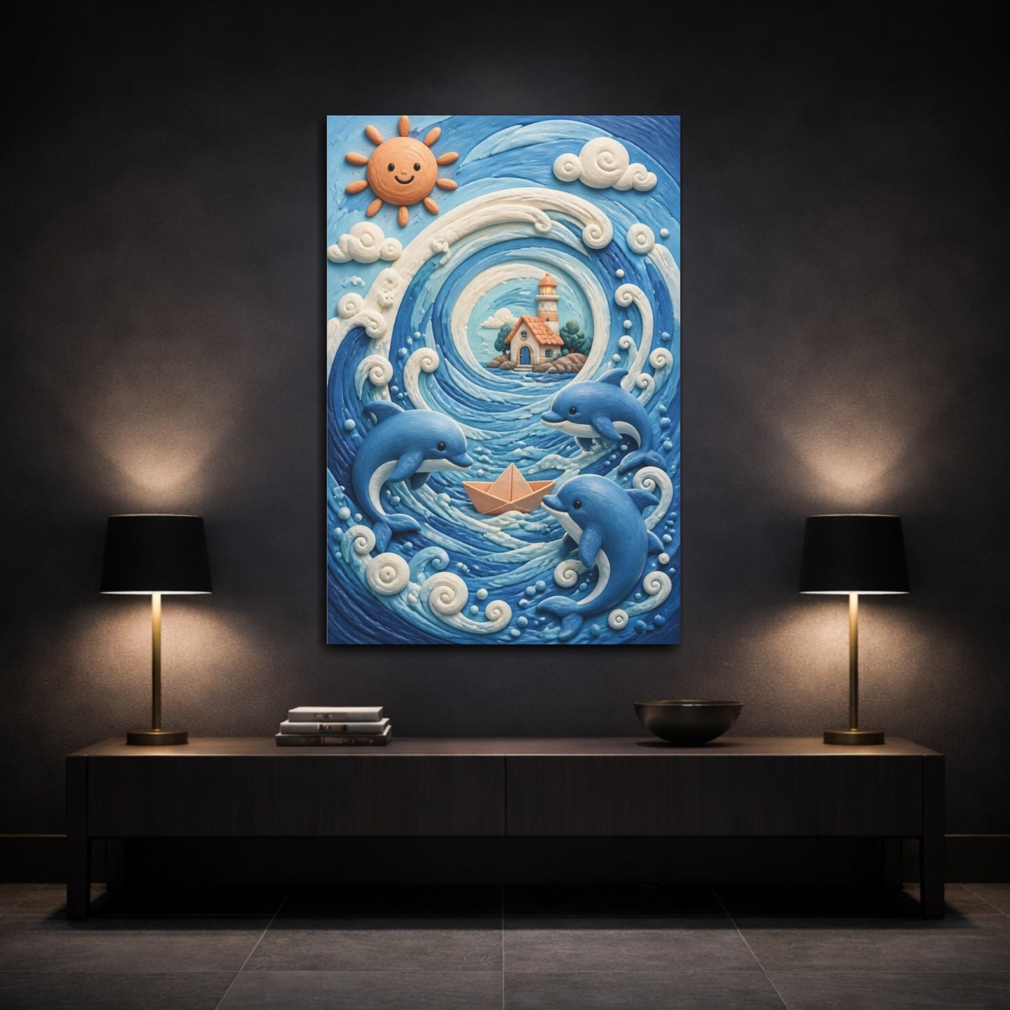 Mockup 3. Kids Room Dolphin Adventure shown as canvas print