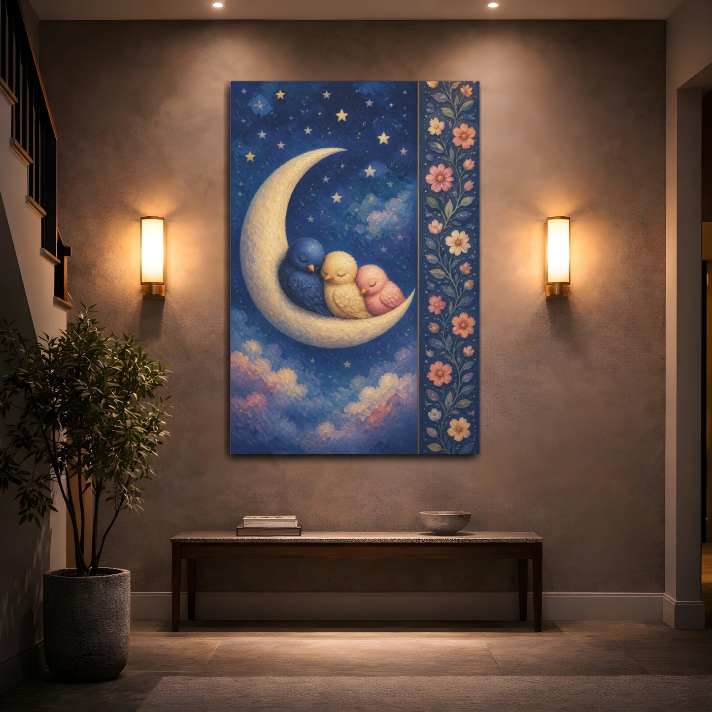 Mockup 2. Kids Room Moon Birds shown as canvas print