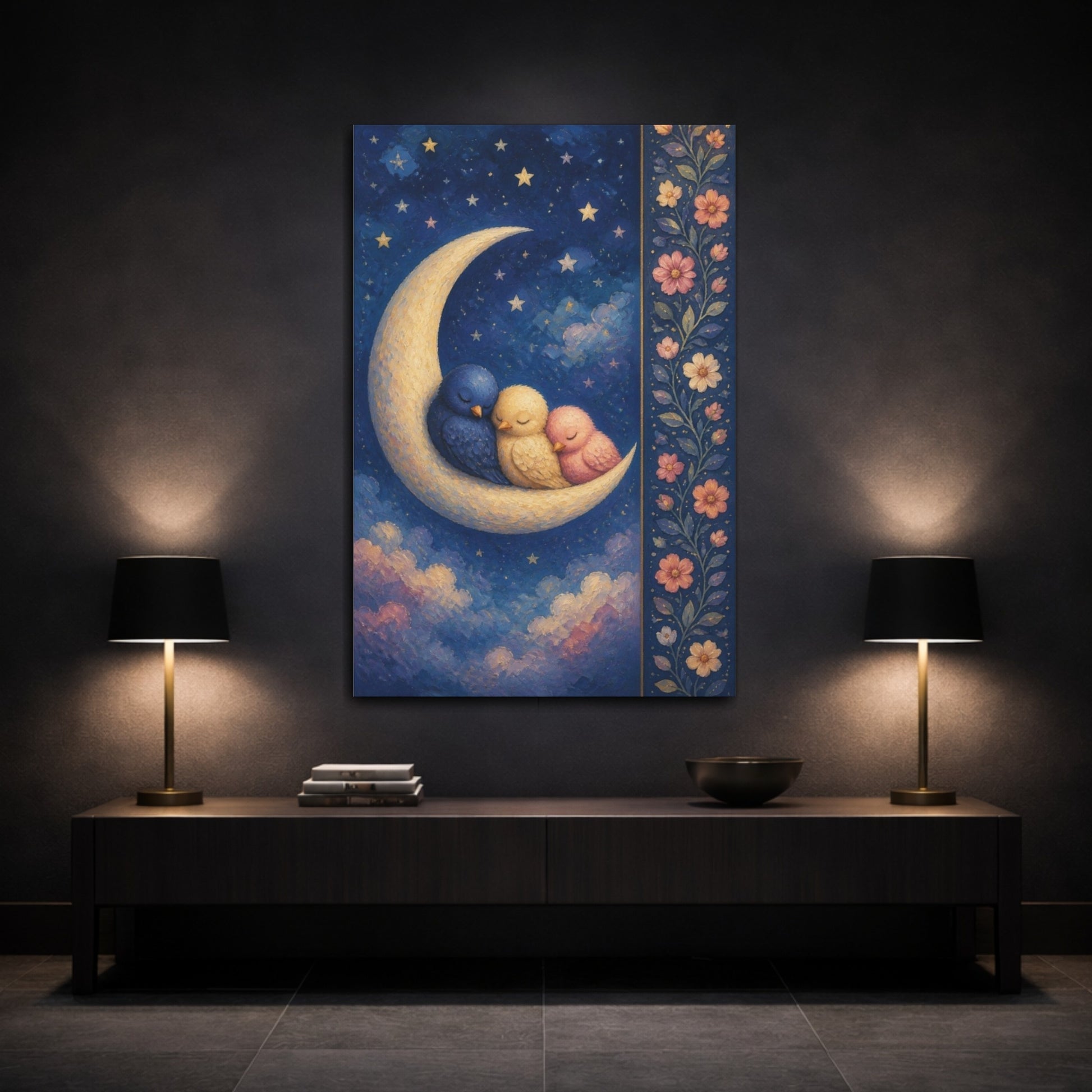 Mockup 3. Kids Room Moon Birds shown as canvas print