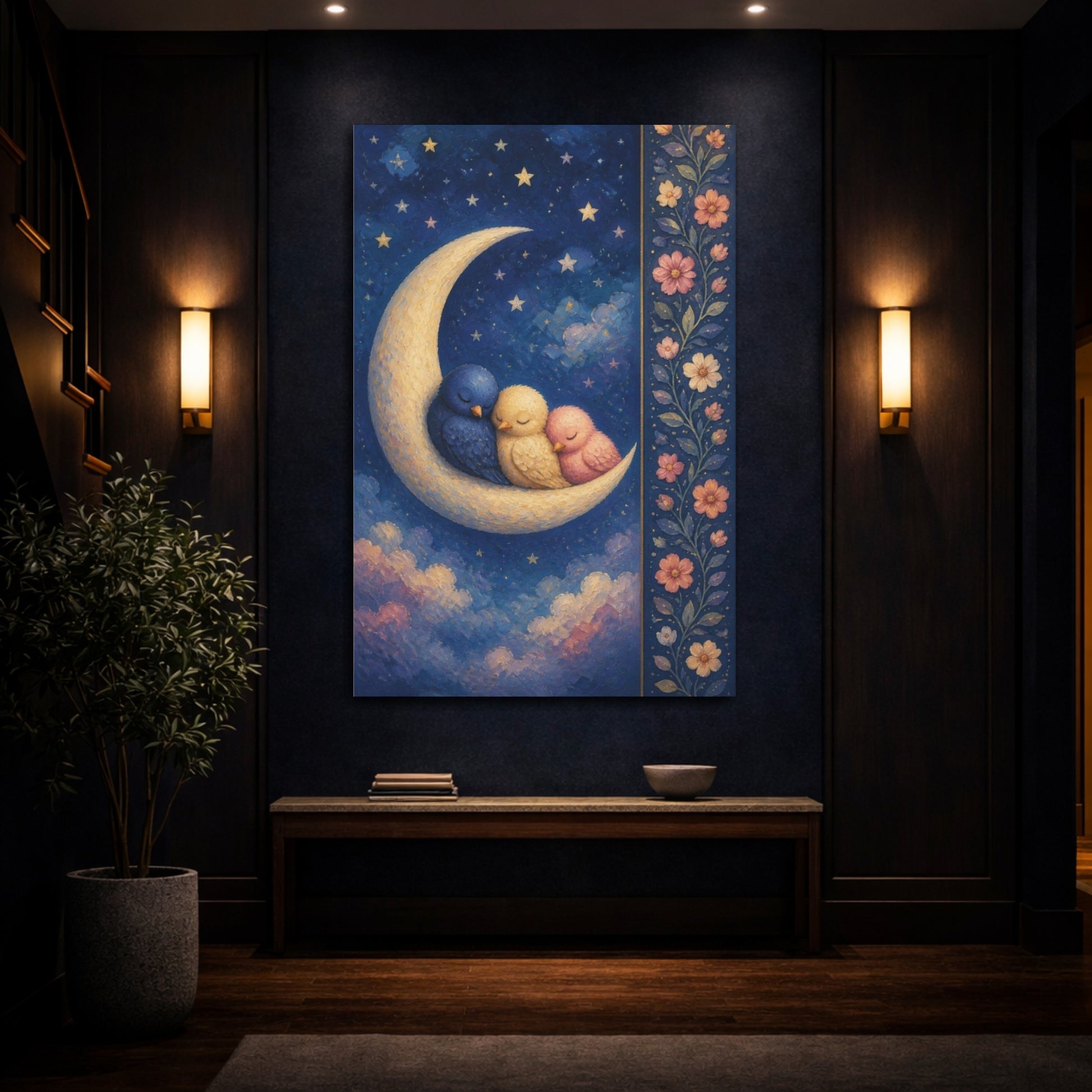Mockup 4. Kids Room Moon Birds shown as canvas print