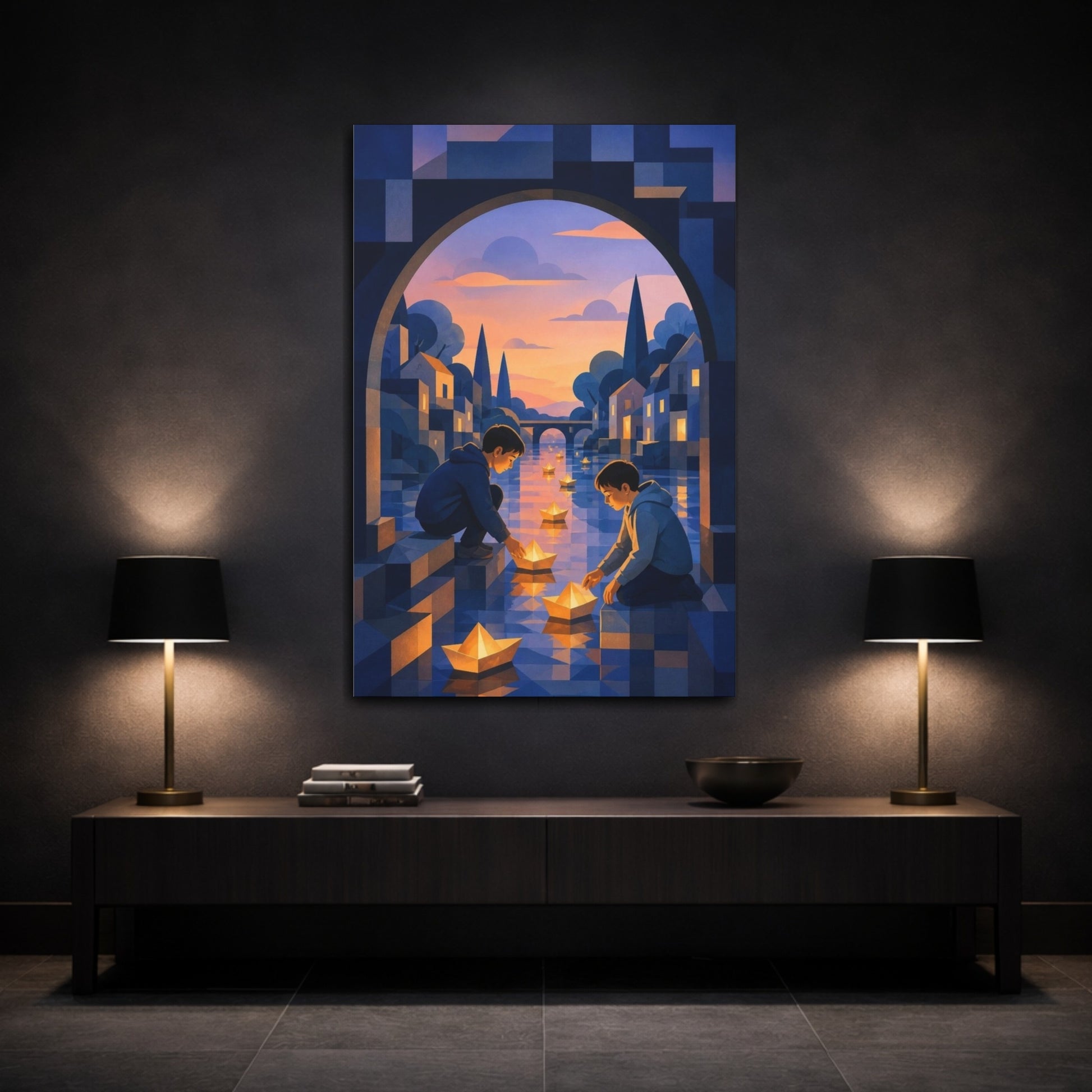 Mockup 3. Kids Room Paper Boats shown as canvas print