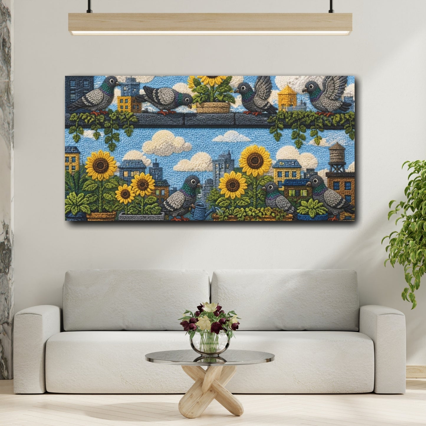 Mockup 2. Kids Room Pigeon Garden shown as canvas print