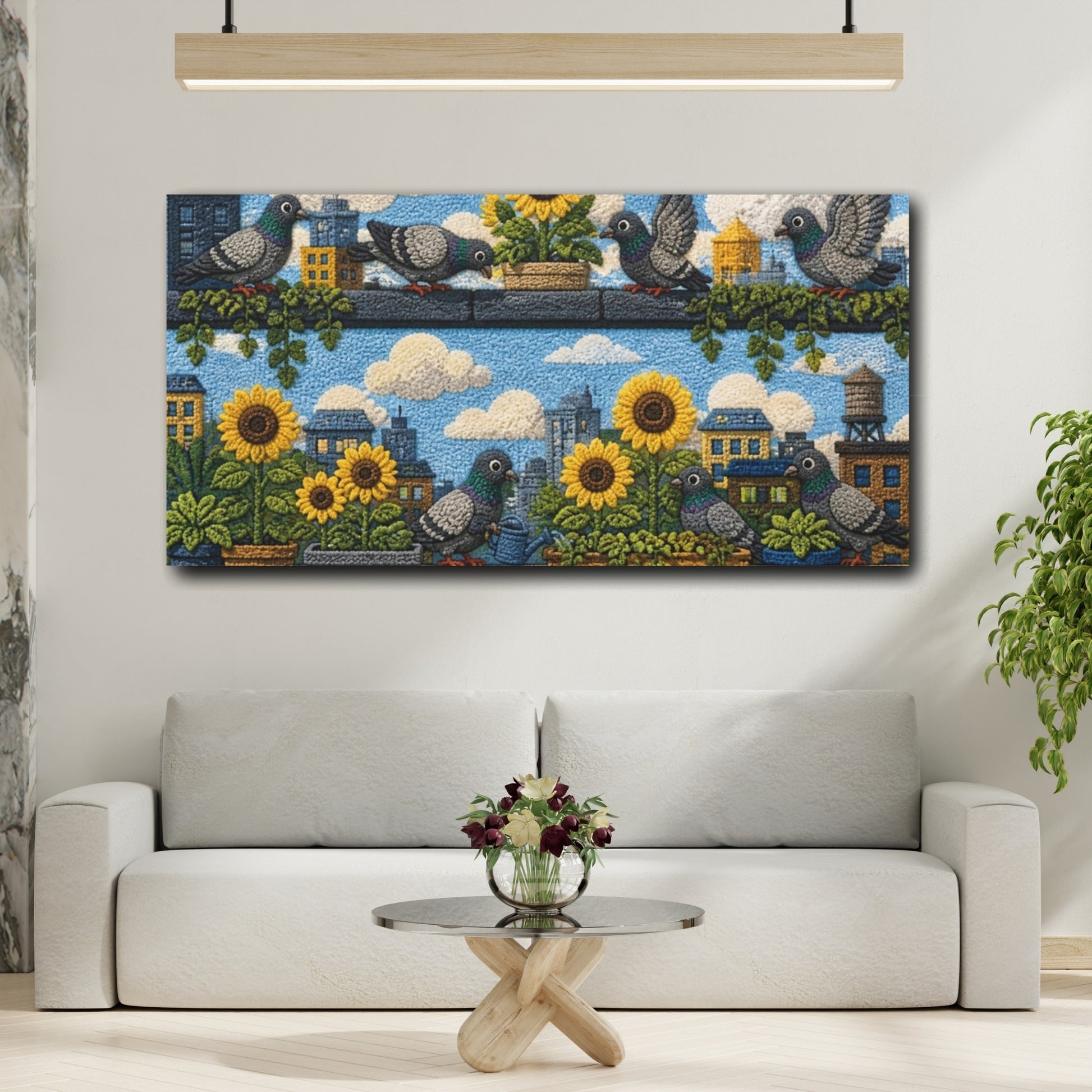 Mockup 2. Kids Room Pigeon Garden shown as canvas print