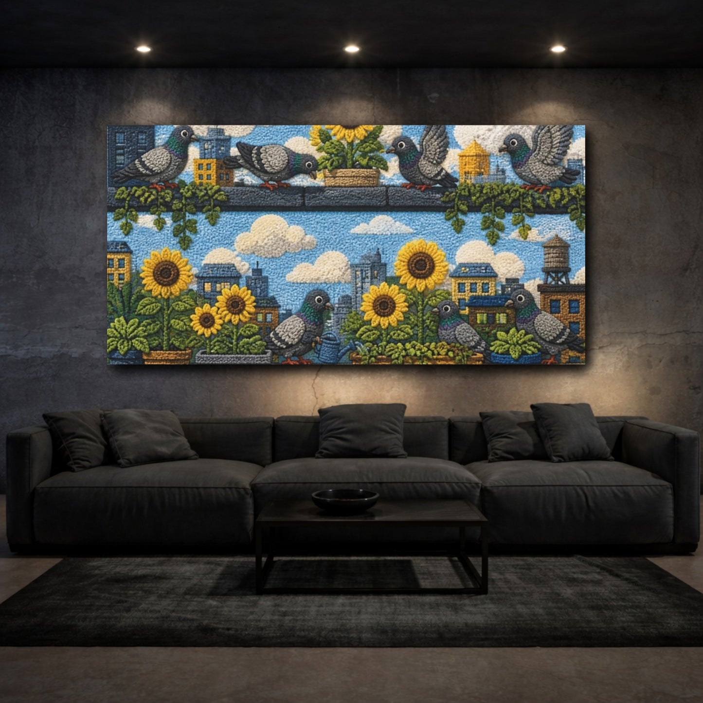 Mockup 3. Kids Room Pigeon Garden shown as canvas print