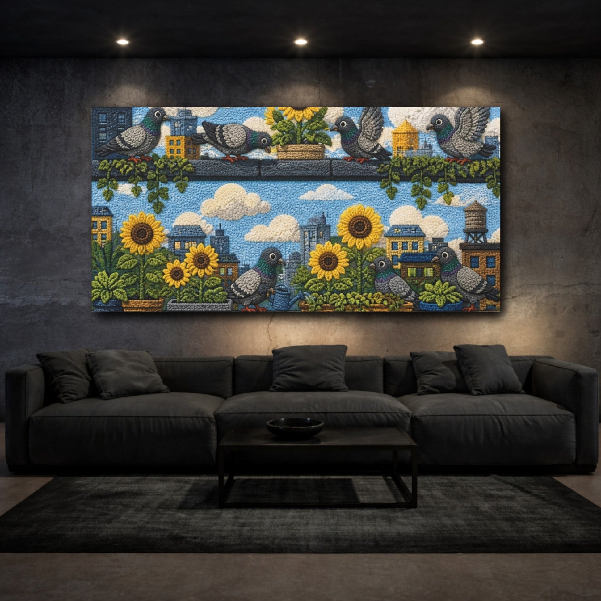 Mockup 3. Kids Room Pigeon Garden shown as canvas print