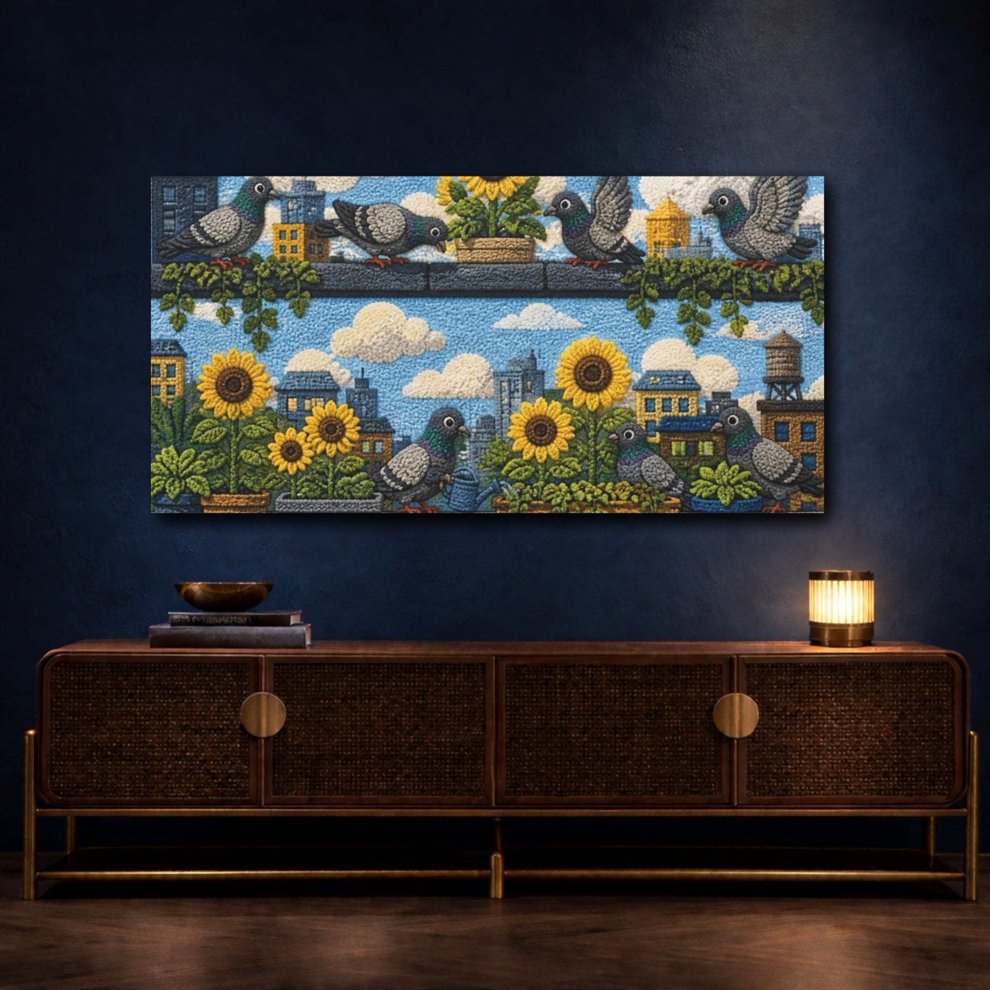 Mockup 4. Kids Room Pigeon Garden shown as canvas print