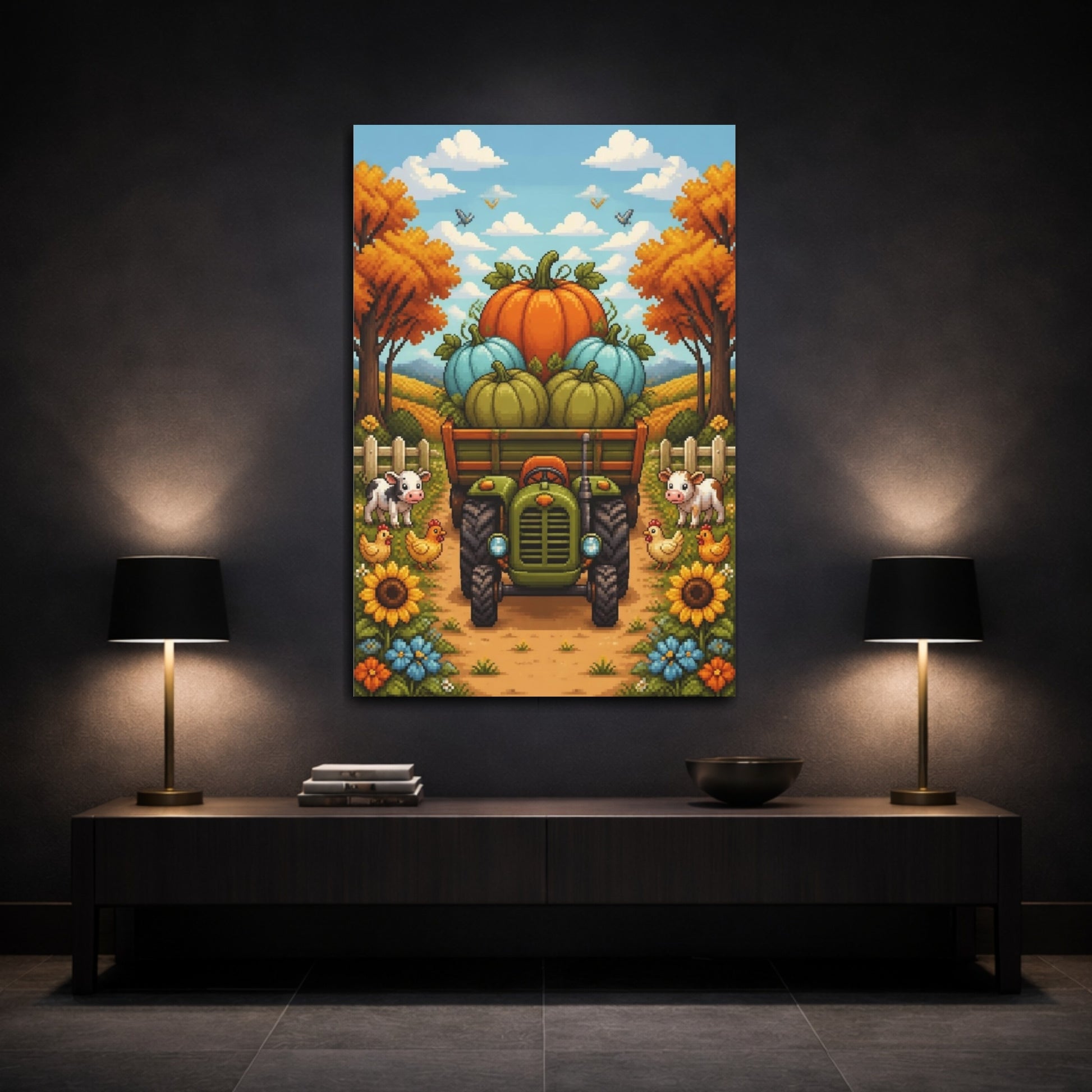 Mockup 3. Kids Room Pumpkin Tractor shown as canvas print