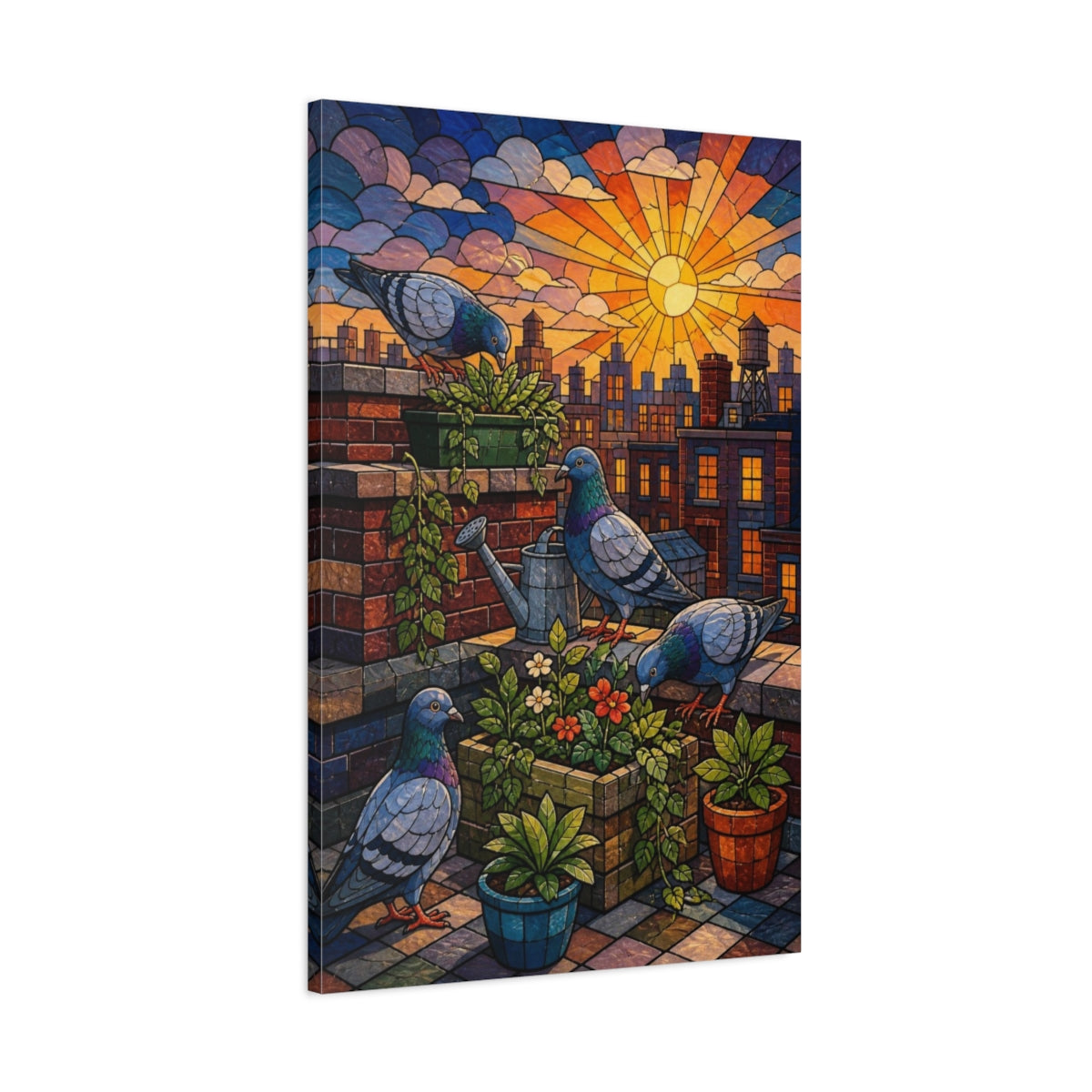 Main Mockup. Kids Room Rooftop Pigeons shown as canvas print