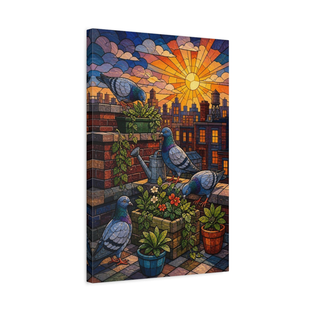 Side Mockup 3. Kids Room Rooftop Pigeons shown as canvas print