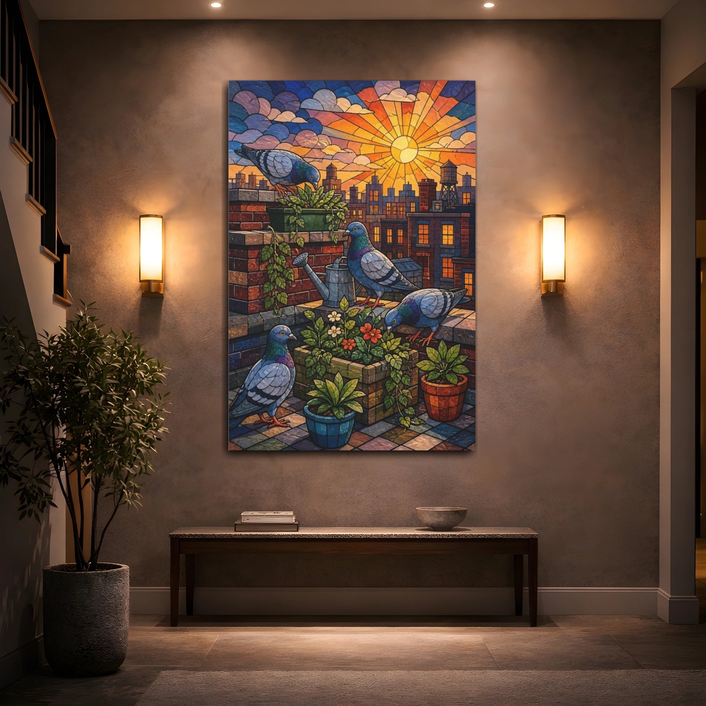 Mockup 2. Kids Room Rooftop Pigeons shown as canvas print