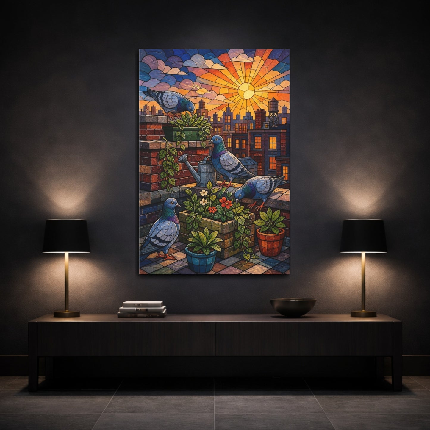 Mockup 3. Kids Room Rooftop Pigeons shown as canvas print