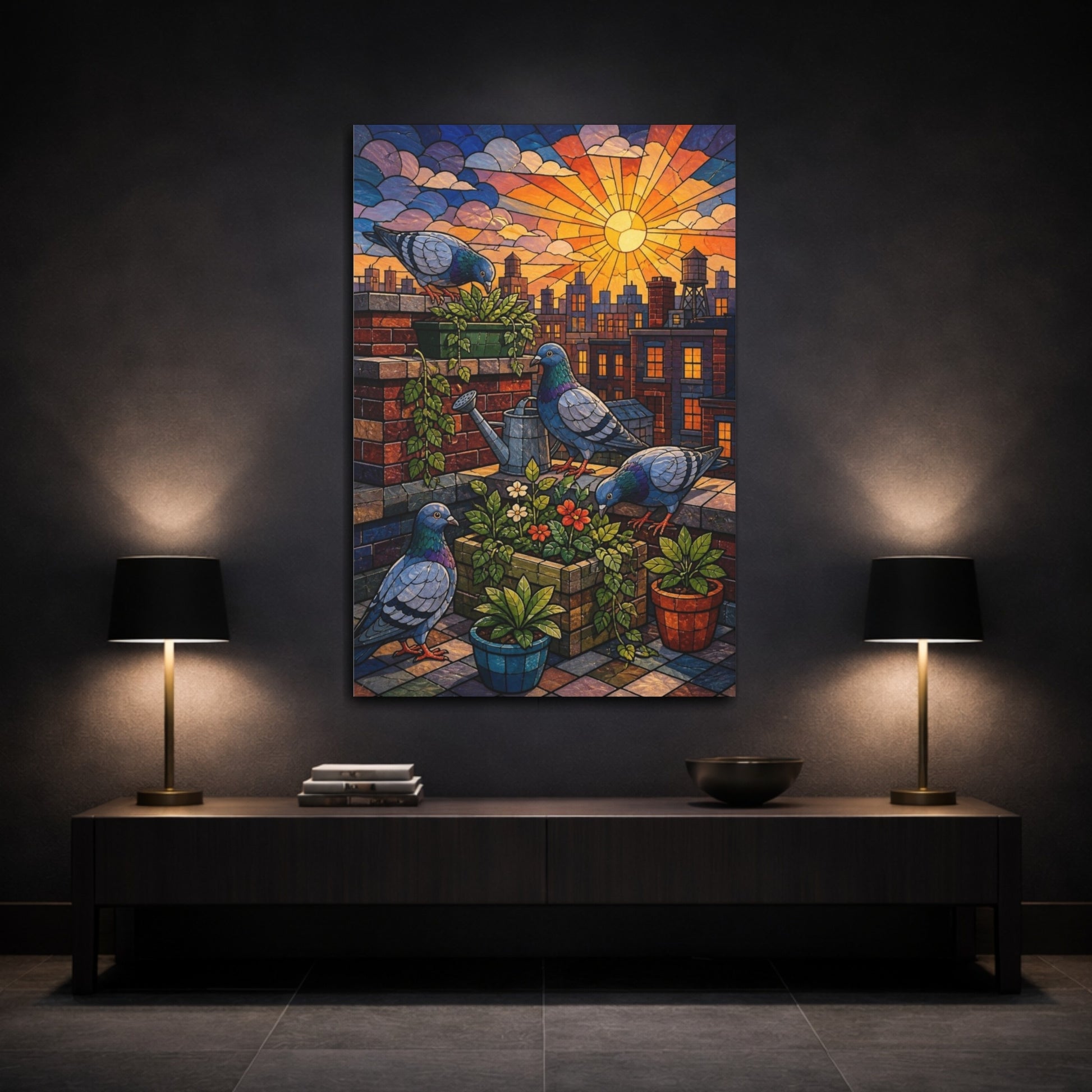 Mockup 3. Kids Room Rooftop Pigeons shown as canvas print