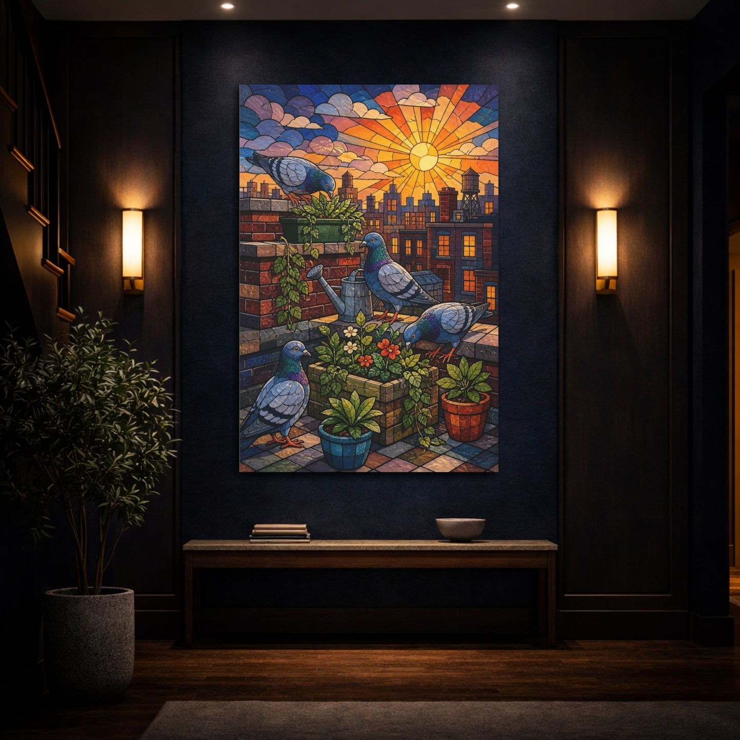 Mockup 4. Kids Room Rooftop Pigeons shown as canvas print