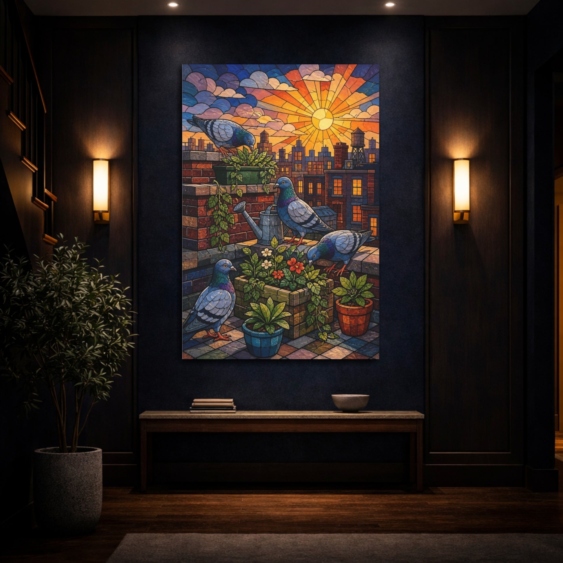 Mockup 4. Kids Room Rooftop Pigeons shown as canvas print