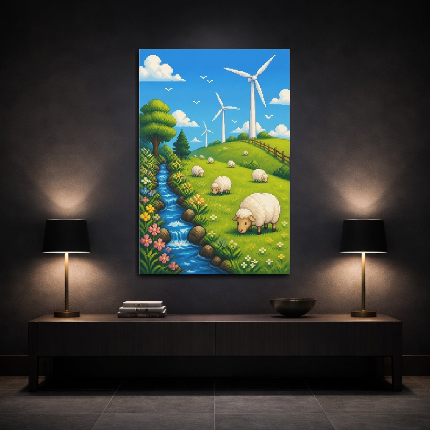Mockup 3. Kids Room Sheep Meadow shown as canvas print