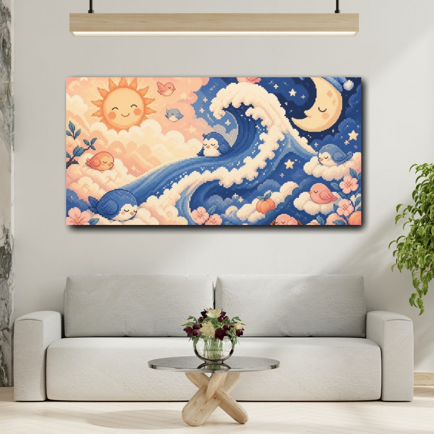Mockup 2. Kids Room Sleepy Birds shown as canvas print