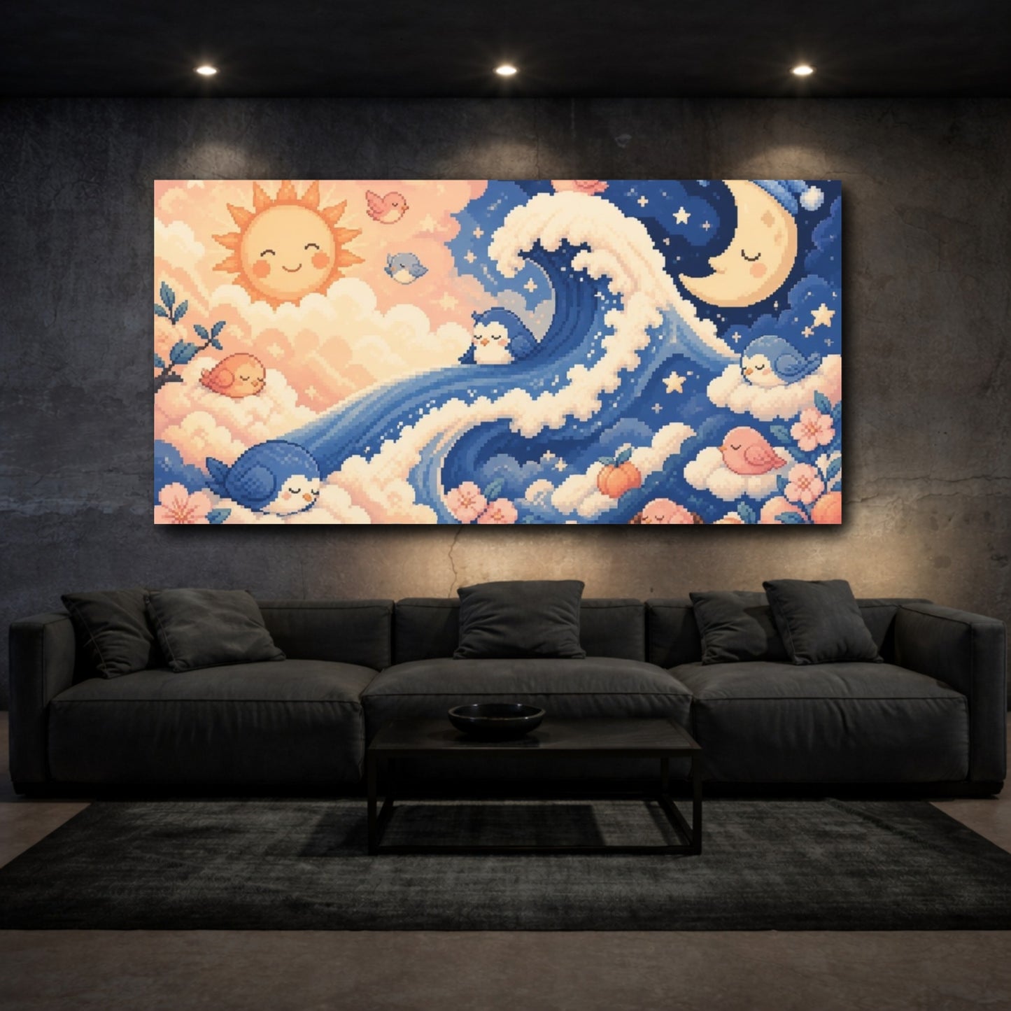 Mockup 3. Kids Room Sleepy Birds shown as canvas print