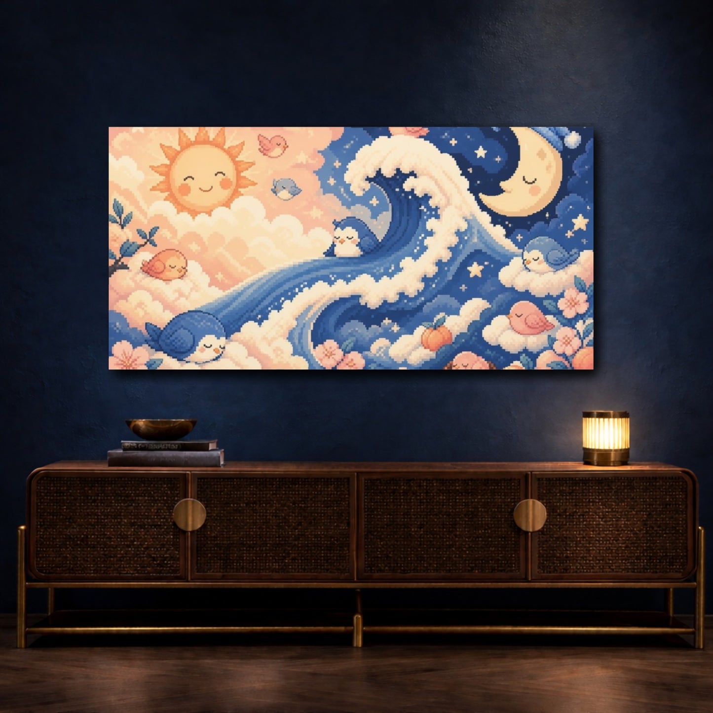 Mockup 4. Kids Room Sleepy Birds shown as canvas print