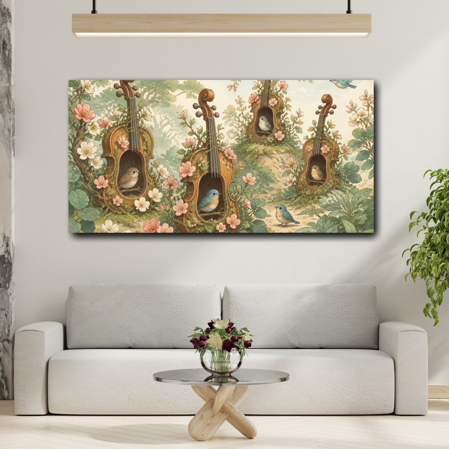 Mockup 2. Kids Room Violin Birdhouses shown as canvas print