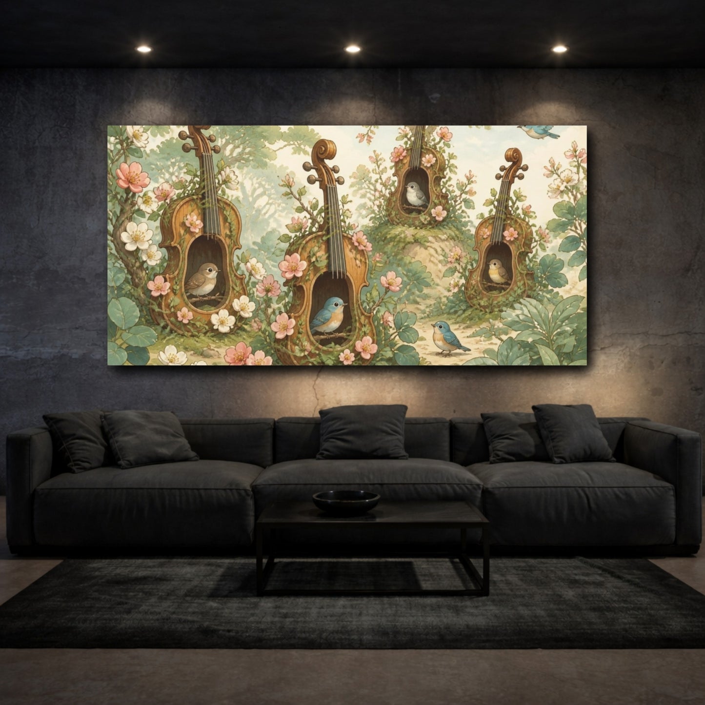 Mockup 3. Kids Room Violin Birdhouses shown as canvas print
