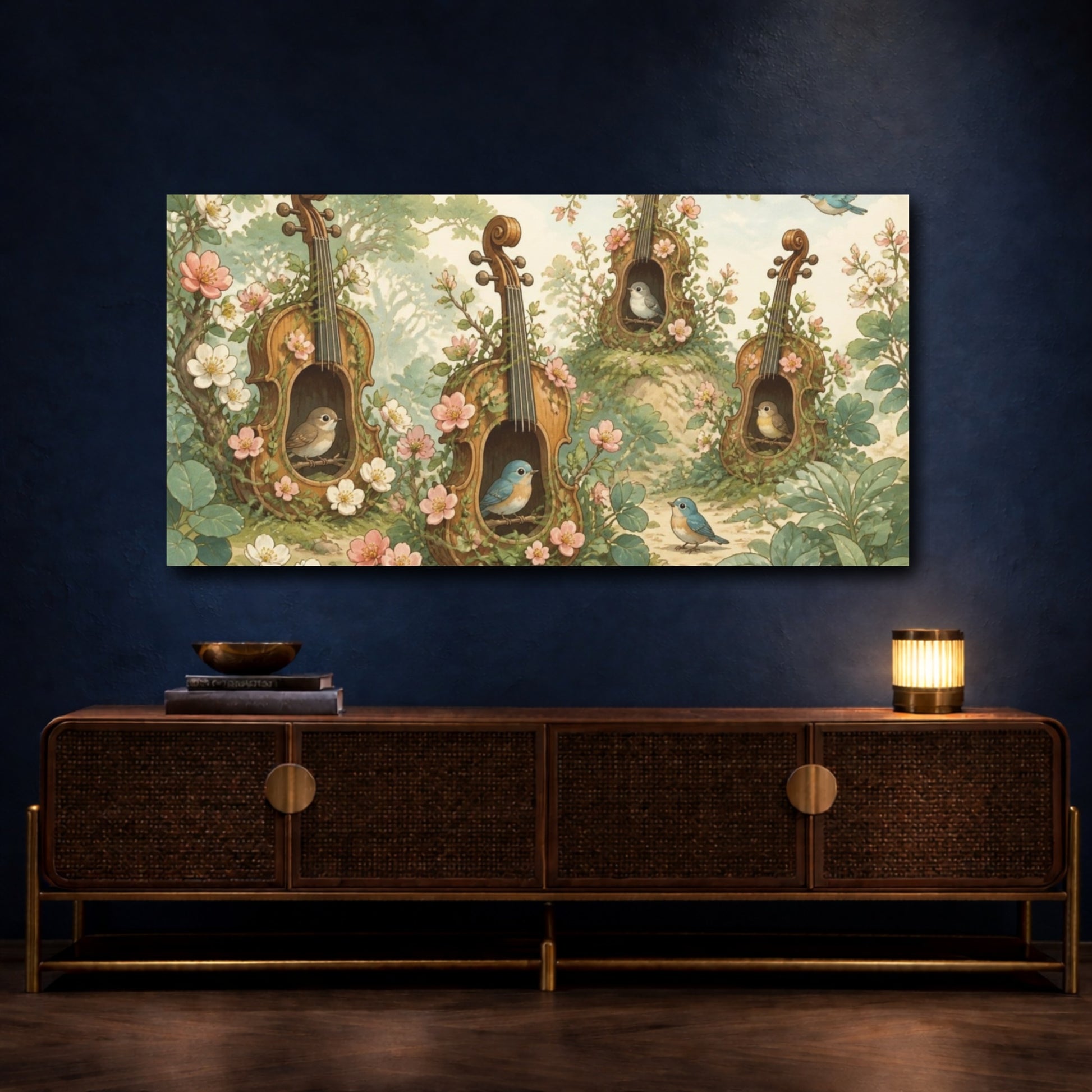 Mockup 4. Kids Room Violin Birdhouses shown as canvas print