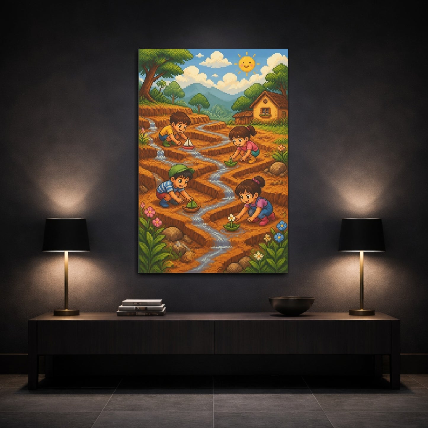 Mockup 3. Kids Sailing Paper Boats shown as canvas print