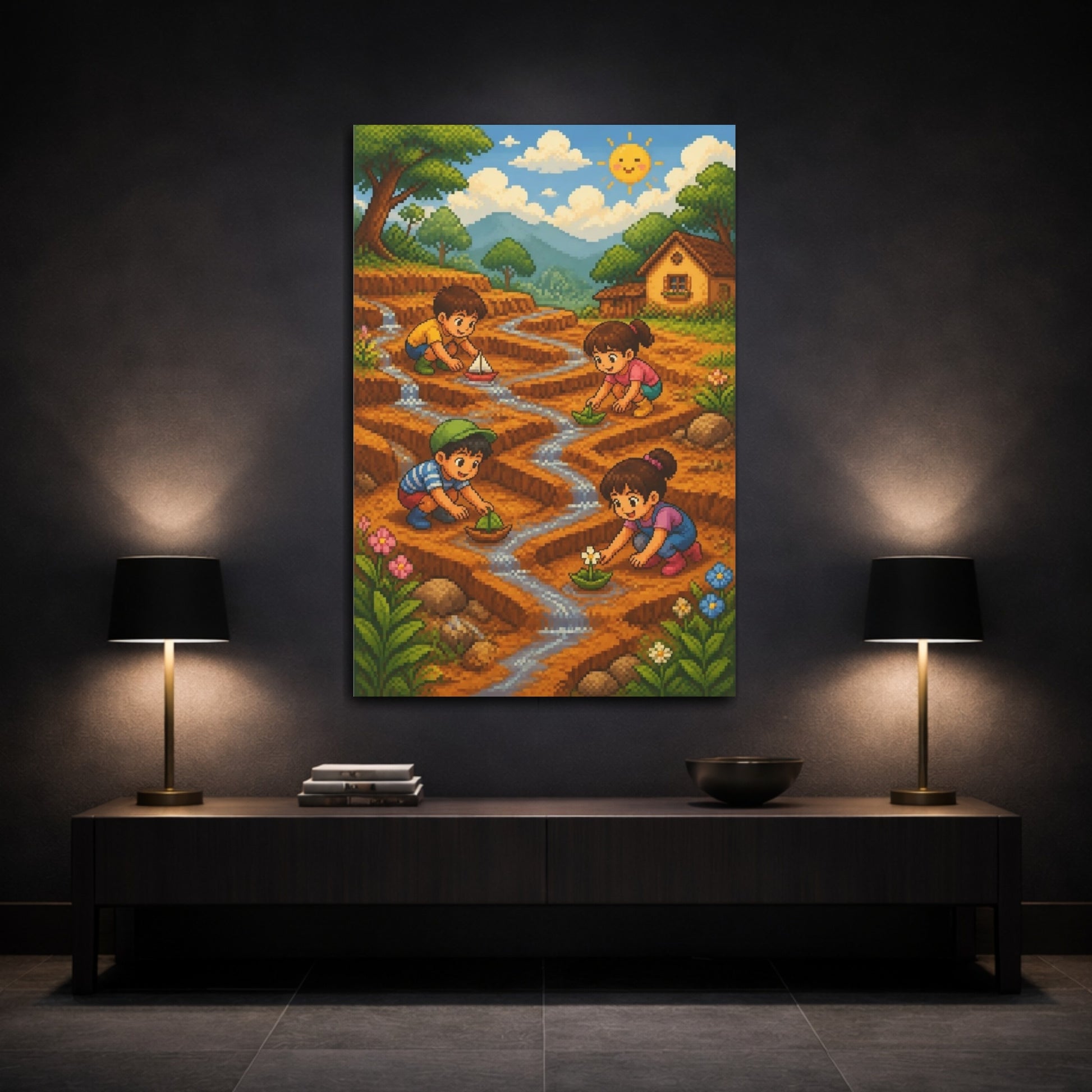 Mockup 3. Kids Sailing Paper Boats shown as canvas print